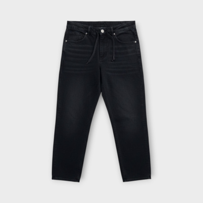بنطلون جينز أسود بخصر مطاطي ورباط